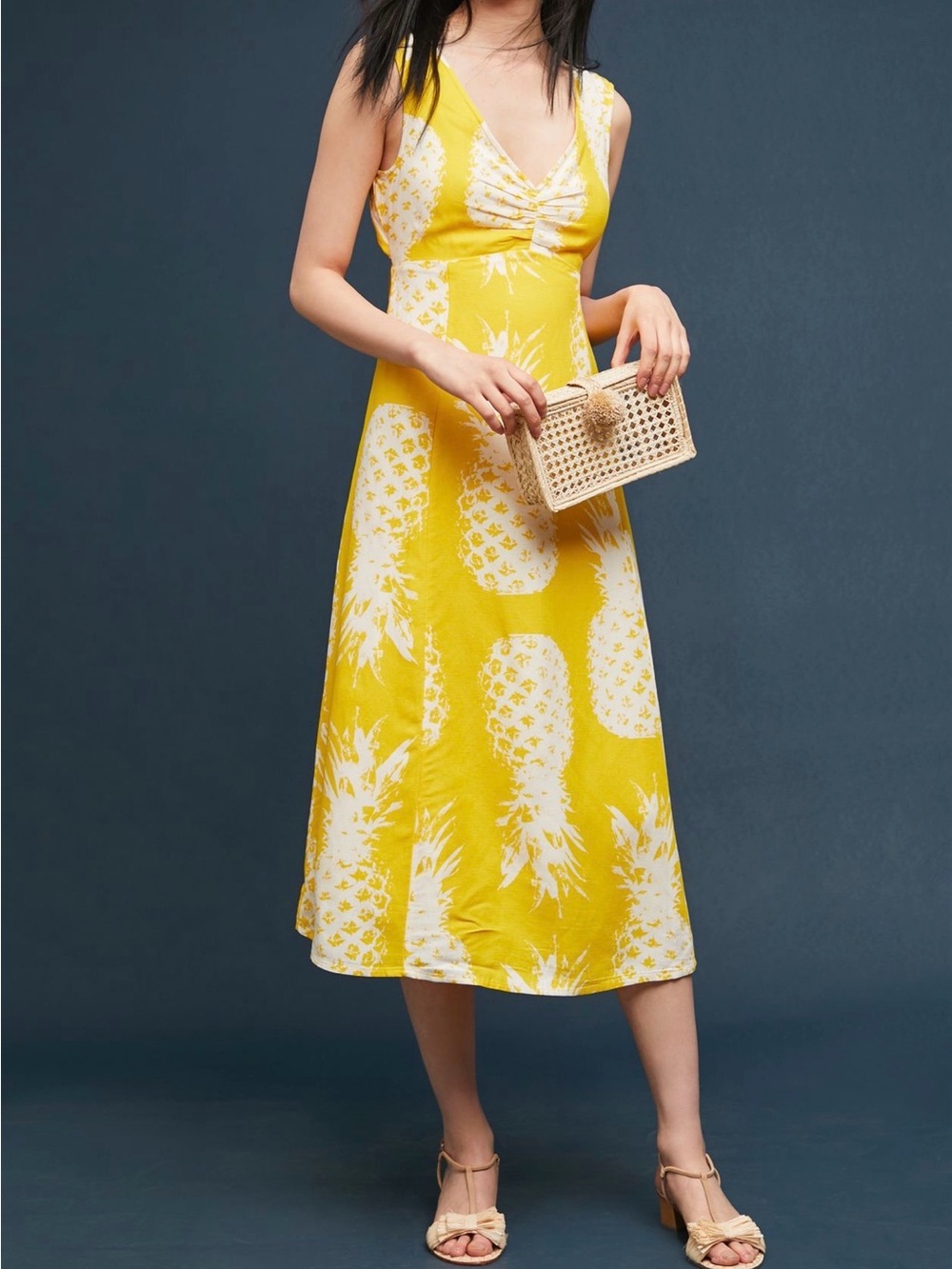 Anthropologie Yellow Pineapple-Print Midi Dress
